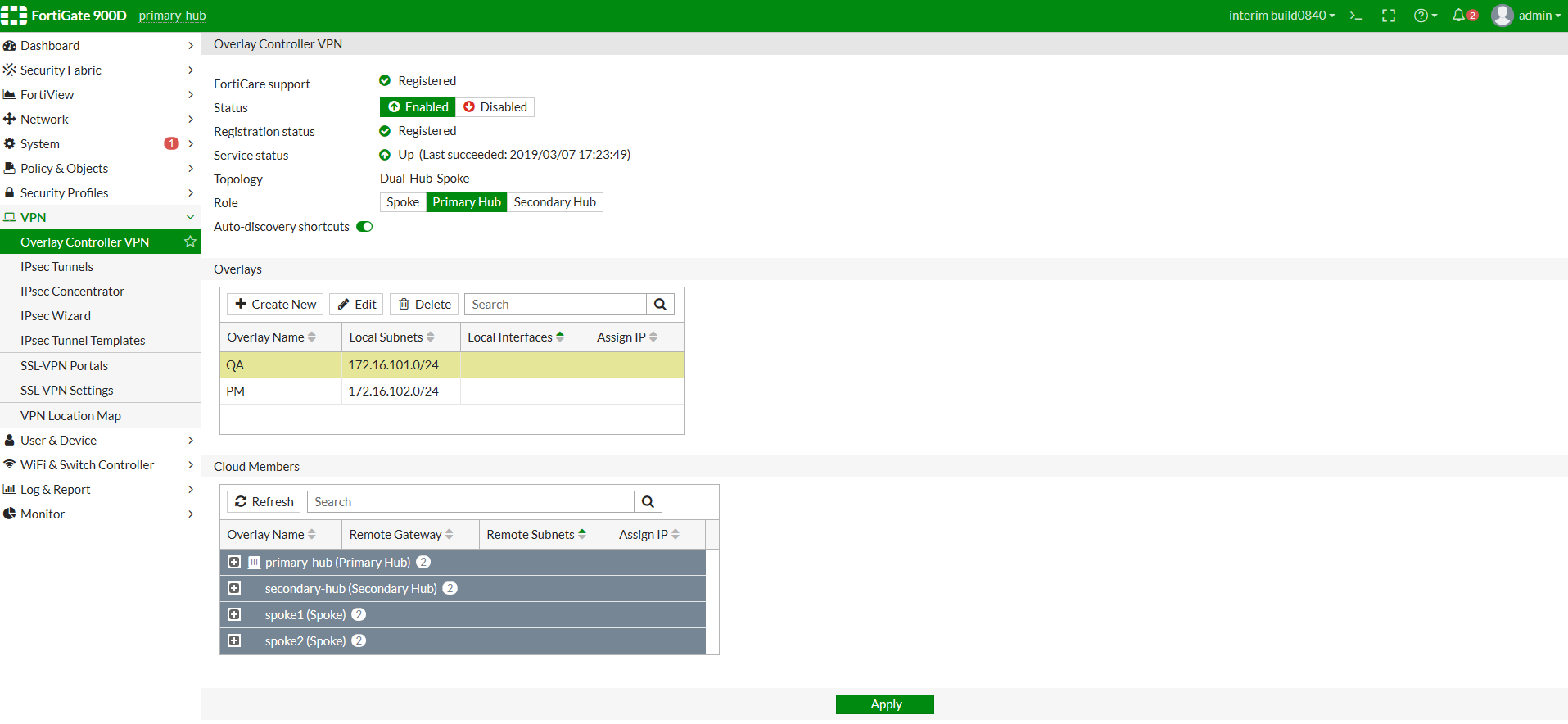 Hubspoke OCVPN with ADVPN shortcut FortiGate / FortiOS 6.4.5